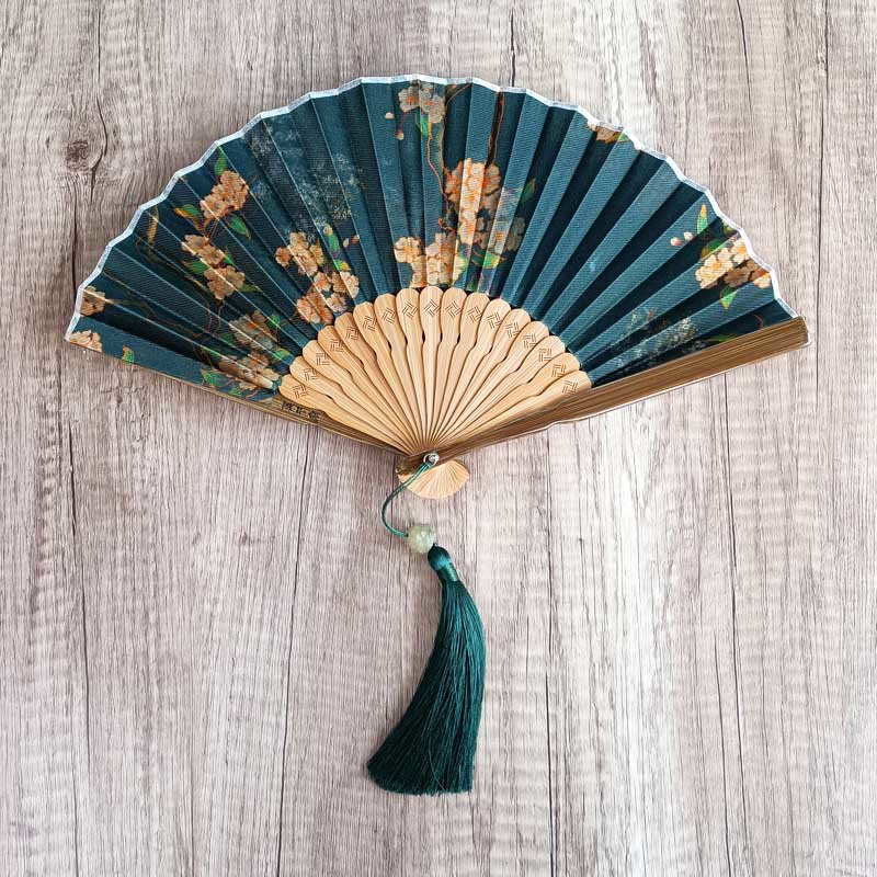 Buddhist Blessing Flower Persimmon Bamboo Leaves Xiangyunsha Silk Handheld Bamboo Folding Fan