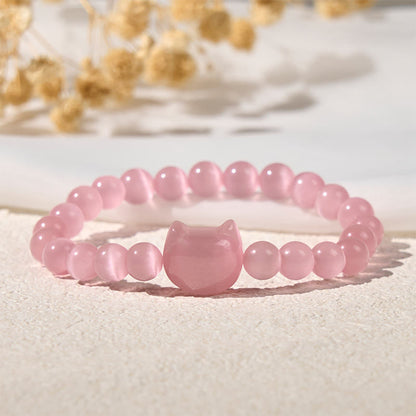Buddhist Blessing Lovely Cat Head Pink Cat's Eye White Cat's Eye Spiritual Beads Bracelet