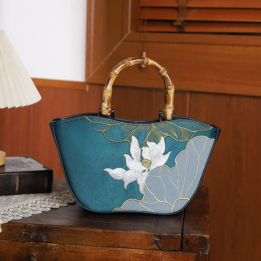 Buddhist Blessing Lotus Embroidery Bamboo Handle Handbag