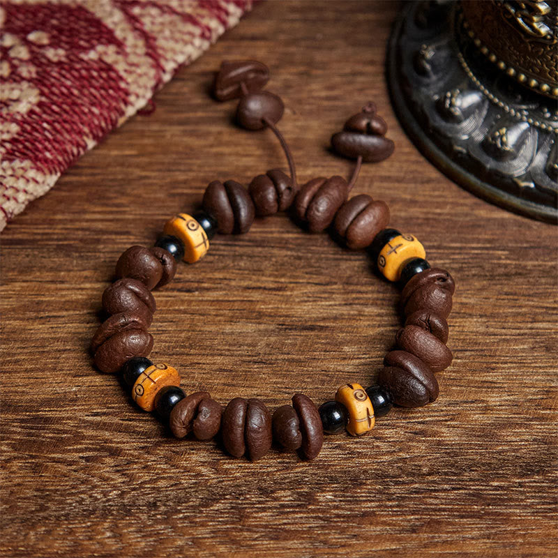 Buddhist Blessing Natural Coffee Beans Yak Bone Beads Bracelet