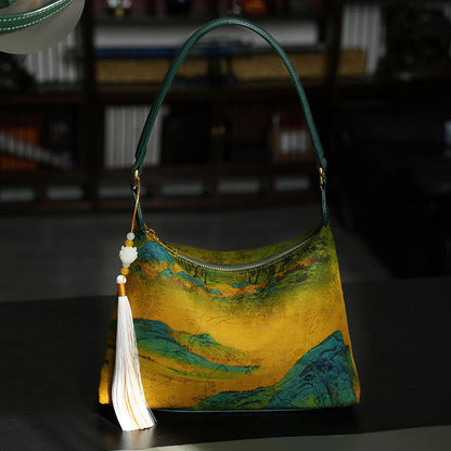 Buddhist Blessing Lotus Bamboo Crane Deer Butterfly Mountain Xiangyunsha Silk Song Brocade Crossbody Bag Shoulder Bag