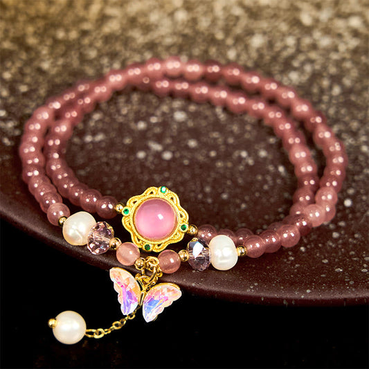 Buddhist Blessing Natural Strawberry Quartz Pearl Butterfly Water Drop Positive Double Wrap Bracelet