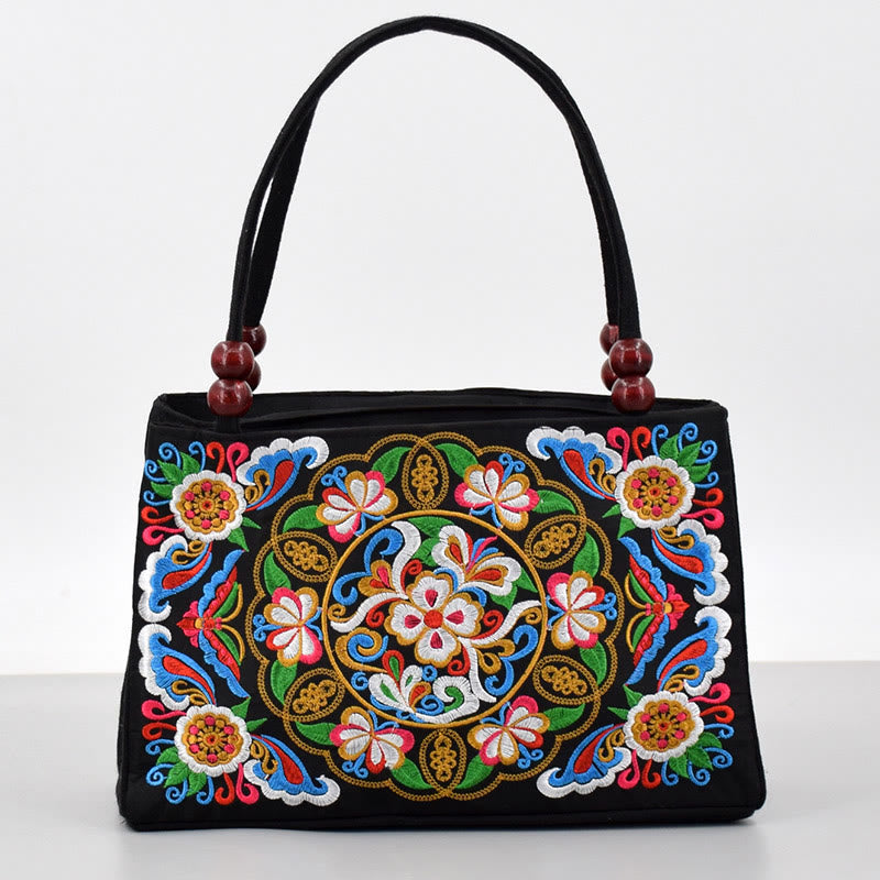Buddhist Blessing Galsang Inula Flower Peony Peacock Double-Sided Embroidery Canvas Shopping Purse Handbag