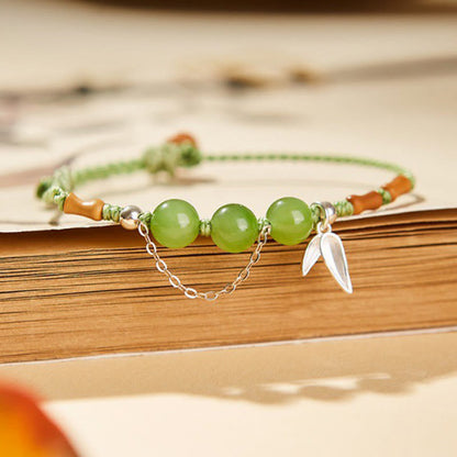 Buddhist Blessing 925 Sterling Silver Bamboo Leaves Hetian Jade Chalcedony Beads Blessing Braided Bracelet