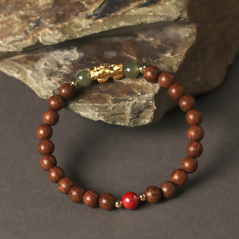Buddhist Blessing 999 Sterling Silver Sandalwood Ebony Wood Small Leaf Red Sandalwood Hetian Jade Cinnabar PiXiu Wealth Bracelet