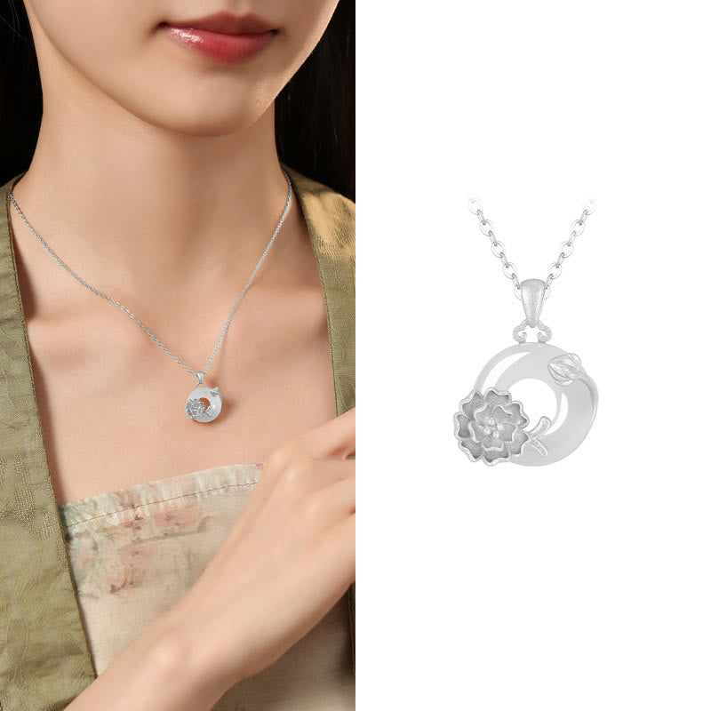 Buddhist Blessing Chalcedony 925 Sterling Silver Peace Buckle Flowers Necklace Pendant