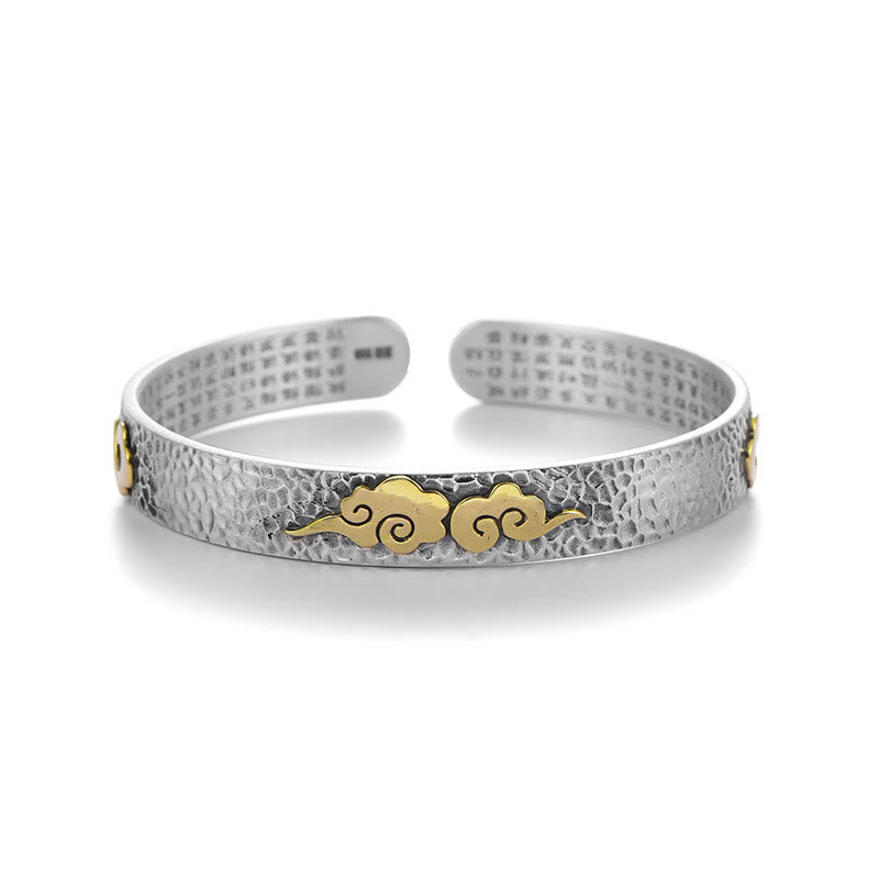 Buddhist Blessing Retro 999 Sterling Silver Heart Sutra Auspicious Cloud Wealth Cuff Bracelet Bangle