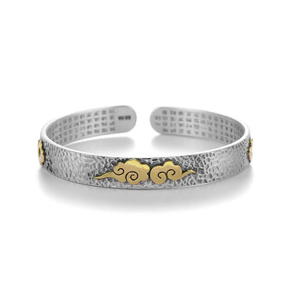 Buddhist Blessing Retro 999 Sterling Silver Heart Sutra Auspicious Cloud Wealth Cuff Bracelet Bangle