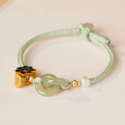 Buddhist Blessing Hetian Jade Lotus Peace Buckle Braided Rope Fortune Bracelet