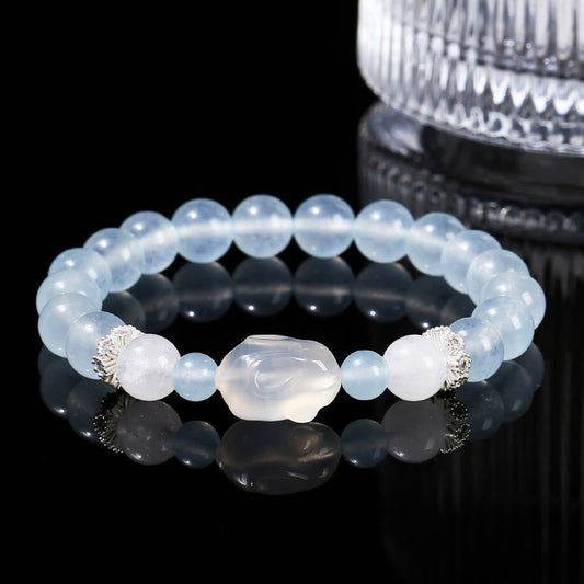 Buddhist Blessing Blue Chalcedony White Agate Rabbit Emotional Balance Bracelet