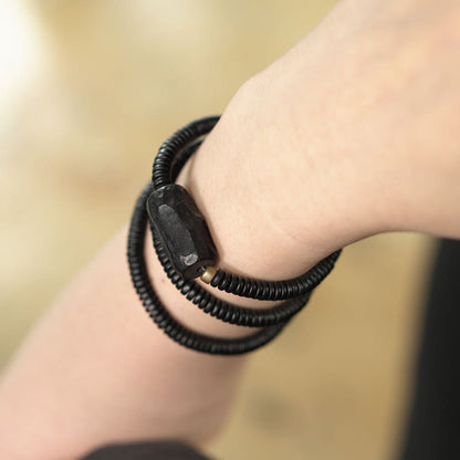 Buddhist Blessing Ebony Wood Copper Brass Balance Triple Wrap Bracelet