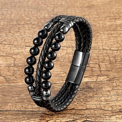 Buddhist Blessing Tiger Eye Hematite Lava Rock Black Onyx Lazurite Beads Protection Strength Leather Bracelet