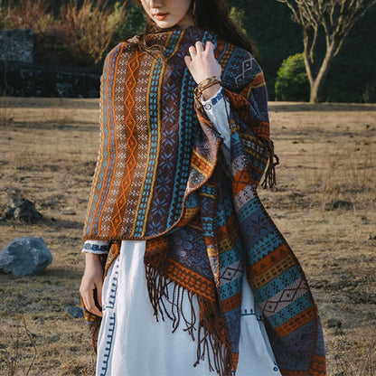 Buddhist Blessing Tibetan Geometric Horizontal Stripe Flower Leaf Tassels Shawl Fall Winter Cozy Scarf Wrap