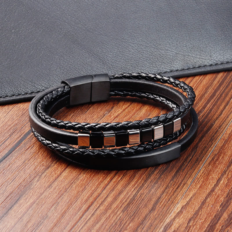 Buddhist Blessing Square Titanium Steel Leather Multi-layer Buckle Calm Bracelet