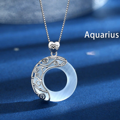 Buddhist Blessing 925 Sterling Silver 12 Constellations of the Zodiac Cat's Eye Love Support Necklace Pendant