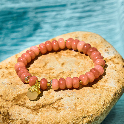 Buddhist Blessing Strawberry Quartz Cyan Jade Lucky Cat Beads Healing Bracelet