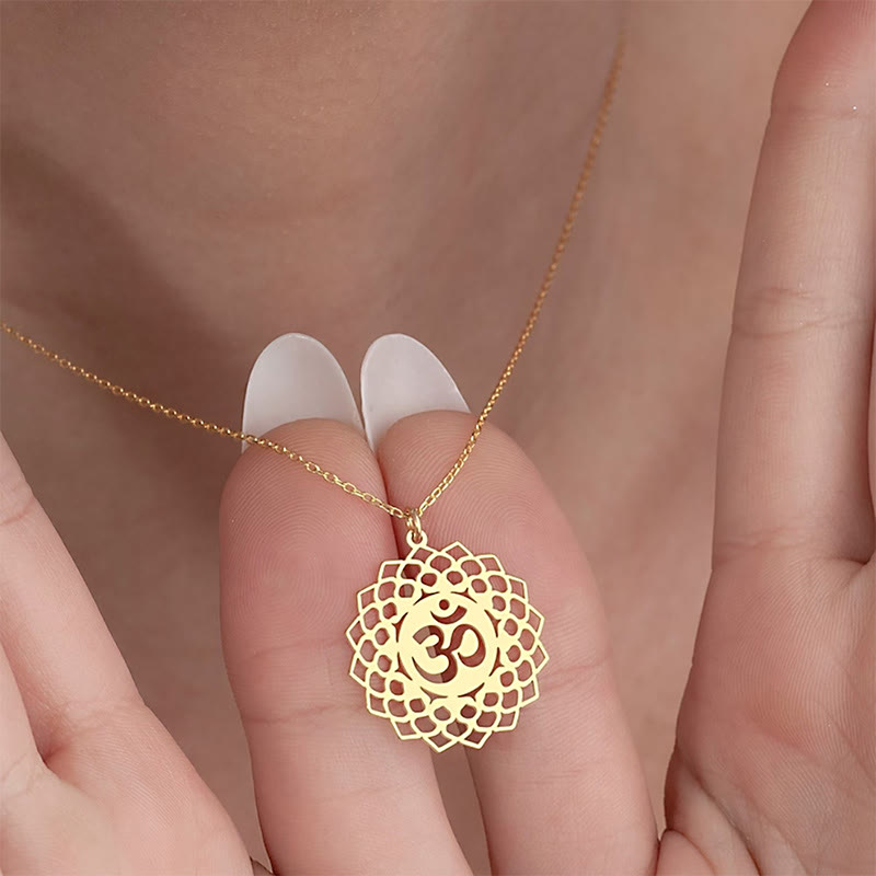 Buddhist Blessing Hollow Lotus Design Om Symbol Stainless Steel Connection Necklace Pendant