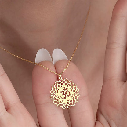 Buddhist Blessing Hollow Lotus Design Om Symbol Stainless Steel Connection Necklace Pendant