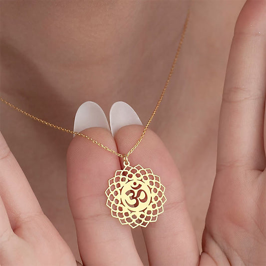 Buddhist Blessing Hollow Lotus Design Om Symbol Stainless Steel Connection Necklace Pendant
