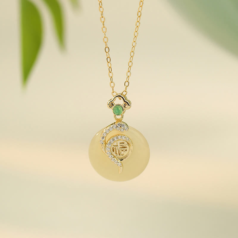 Buddhist Blessing 925 Sterling Silver Fu Character Hetian Jade Peace Buckle Year Of The Snake Luck Necklace Pendant