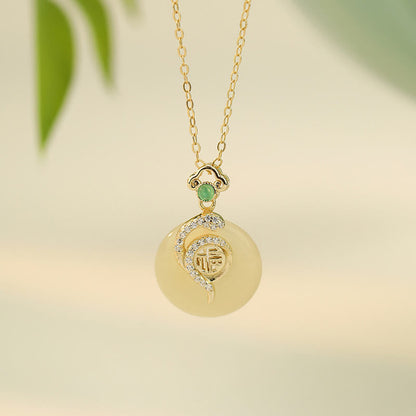 Buddhist Blessing 925 Sterling Silver Fu Character Hetian Jade Peace Buckle Year Of The Snake Luck Necklace Pendant