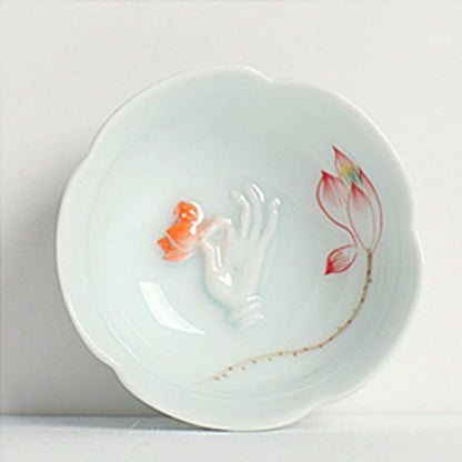 Buddhist Blessing Koi Fish Lotus Hand Teacup Kung Fu Tea Cup