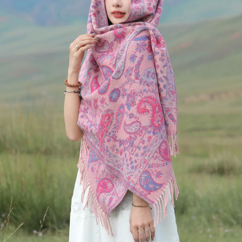 Buddhist Blessing Tibetan Cashew Flowers Leaves Vine Tassels Shawl Fall Winter Soft Cozy Scarf Wrap