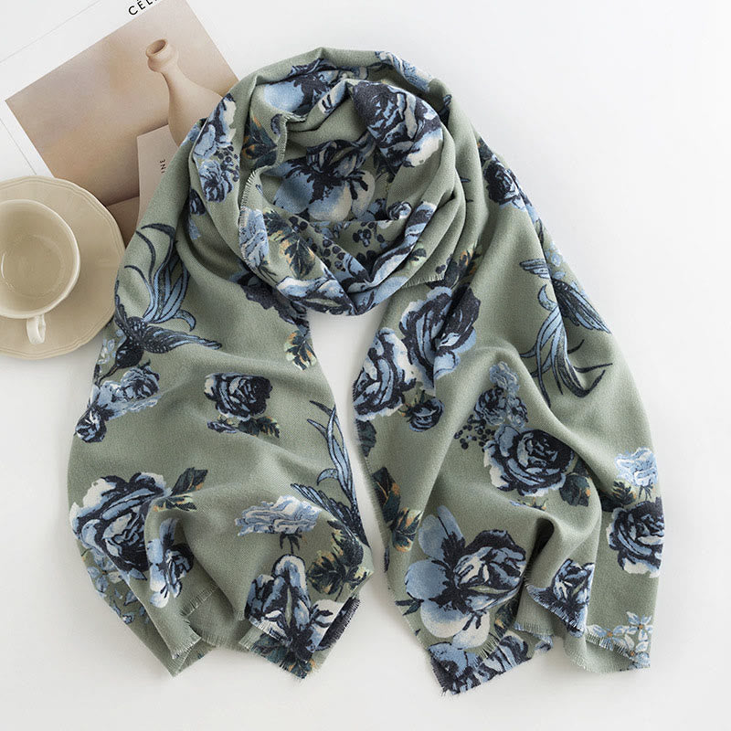 Buddhist Blessing Tibetan Shawl Garden Style Rose Flower Print Fall Winter Soft Warm Scarf Wrap