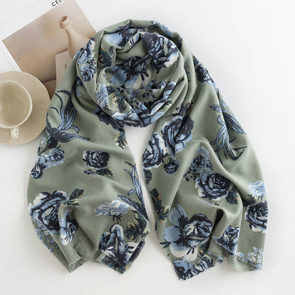 Buddhist Blessing Tibetan Shawl Garden Style Rose Flower Print Fall Winter Soft Warm Scarf Wrap