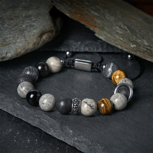 Buddhist Blessing Grey Jasper Lava Rock Silver Sheen Obsidian Tiger Eye Healing Bracelet