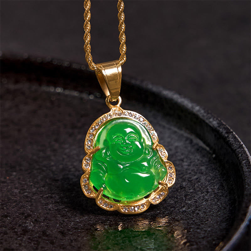 Buddhist Blessing 18K Gold Filled Laughing Buddhist Blessing Jade Luck Necklace Chain Pendant