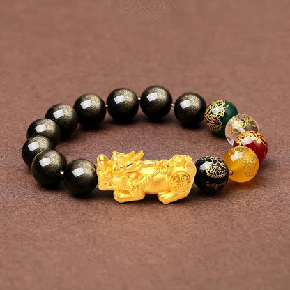 Buddhist Blessing Natural Gold Sheen Obsidian PiXiu Five Directions Gods of Wealth Protection Bracelet
