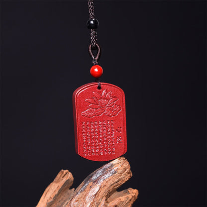 Buddhist Blessing Cinnabar Lotus Heart Sutra Engraved Blessing Rope Necklace Pendant