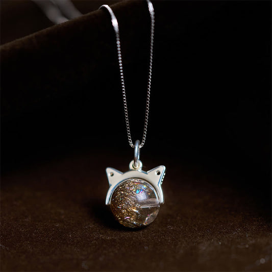 Buddhist Blessing 925 Sterling Silver Natural Black Super Seven Crystal Cat Necklace Pendant