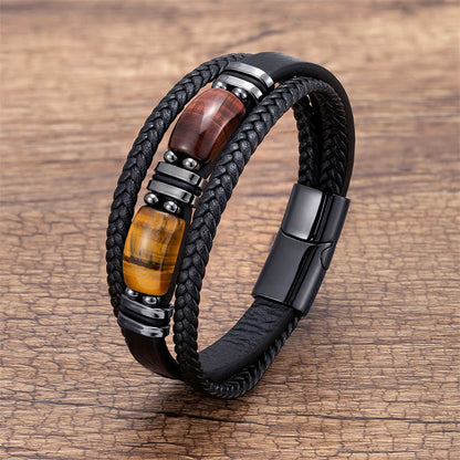 Buddhist Blessing Tiger Eye Stone Courage Willpower Multi-layer Leather Bracelet