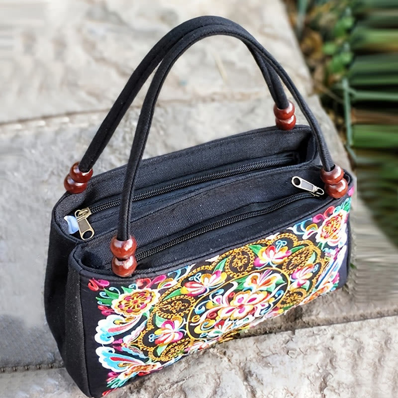 Buddhist Blessing Galsang Inula Flower Peony Peacock Double-Sided Embroidery Canvas Shopping Purse Handbag