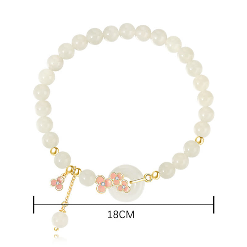 Buddhist Blessing 925 Sterling Silver Natural Hetian Jade Peach Blossom Peace Buckle Zircon Luck Bracelet Necklace Pendant