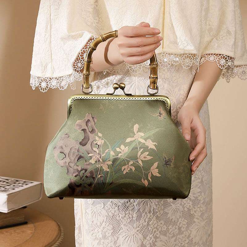 Buddhist Blessing Green Plants Mountains Bamboo Handle Metal Chain Crossbody Bag Handbags