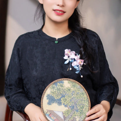 Buddhist Blessing Handmade Velvet Flower Mulberry Silk Pink Iris Vine Brooch Hairpin