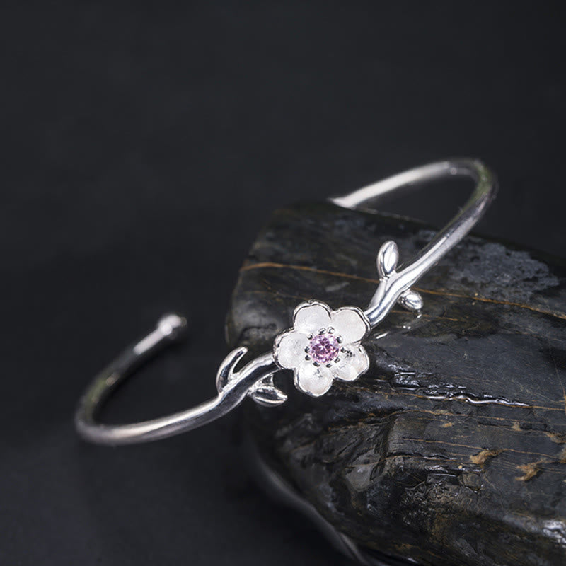 Buddhist Blessing 925 Sterling Silver Cherry Blossom Luck Bracelet Bangle