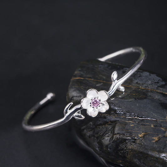 Buddhist Blessing 925 Sterling Silver Cherry Blossom Luck Bracelet Bangle