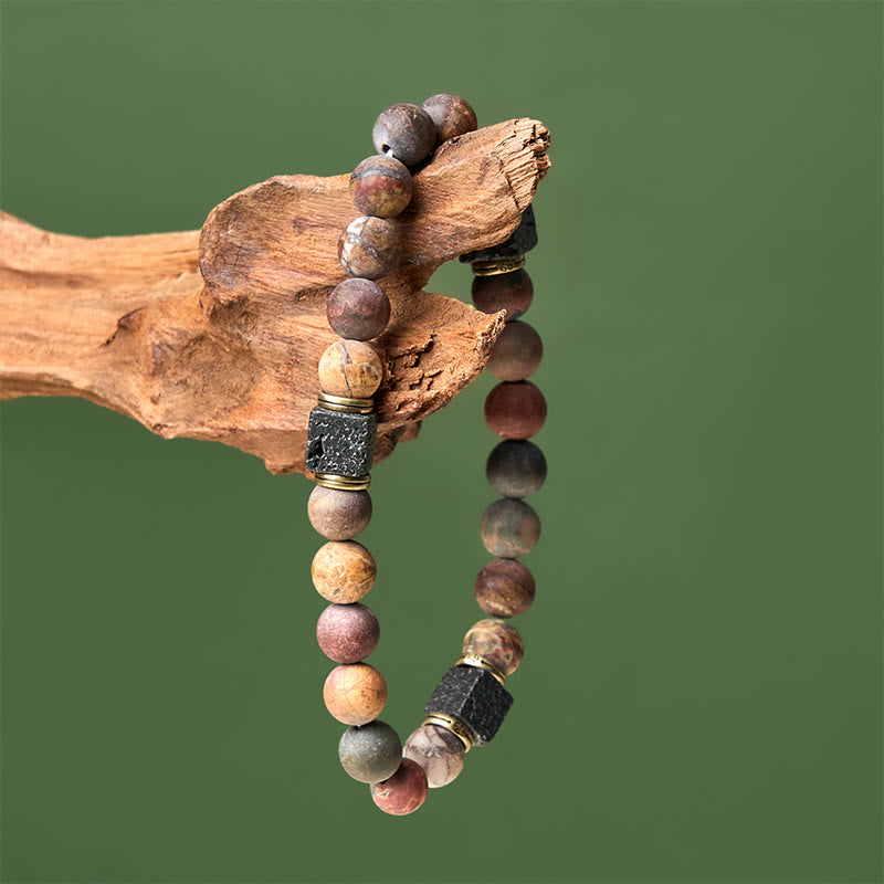 Buddhist Blessing Natural Picasso Jasper Square Lava Rock Positive Bracelet