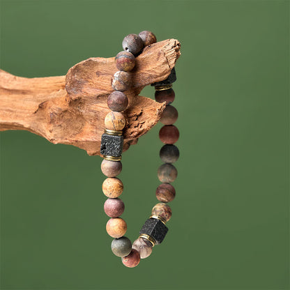 Buddhist Blessing Natural Picasso Jasper Square Lava Rock Positive Bracelet