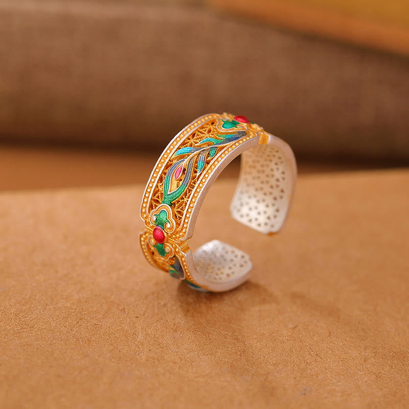 Buddhist Blessing 999 Sterling Silver Enamel Feather Design Adjustable Calm Ring