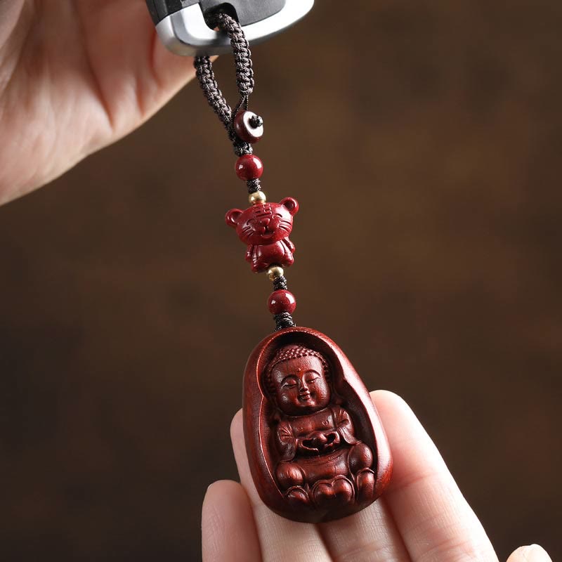 Buddhist Blessing Small Leaf Red Sandalwood Buddha Cinnabar Chinese Zodiac Amulet Protection Key Chain