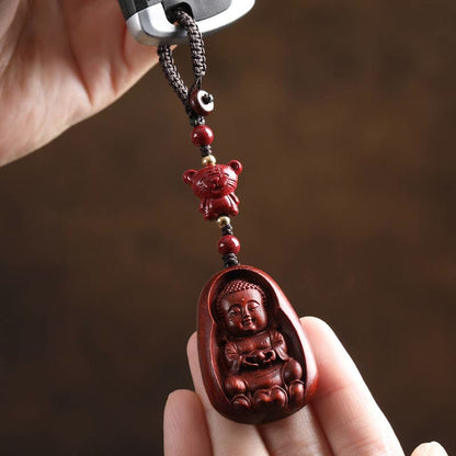 Buddhist Blessing Small Leaf Red Sandalwood Buddha Cinnabar Chinese Zodiac Amulet Protection Key Chain