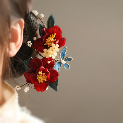 Buddhist Blessing Chinese Style Red Camellia Butterfly Hair Clip Hair Comb Hairpin Barrette Accessory
