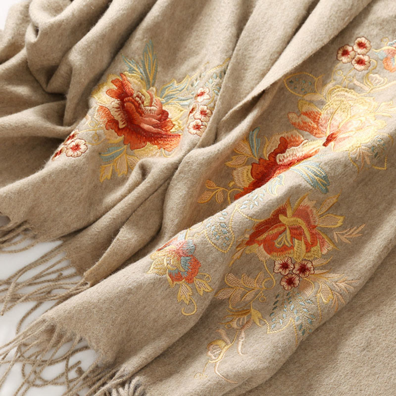 Buddhist Blessing Wool Shawl Red Pink Flower Embroidery Tassel Winter Cozy Travel Scarf Wrap
