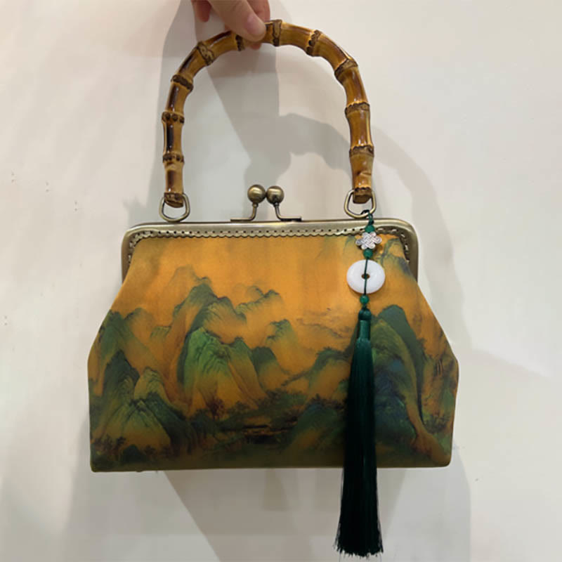 Buddhist Blessing Green Plants Mountains Bamboo Handle Metal Chain Crossbody Bag Handbags