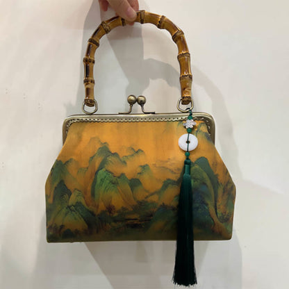 Buddhist Blessing Green Plants Mountains Bamboo Handle Metal Chain Crossbody Bag Handbags